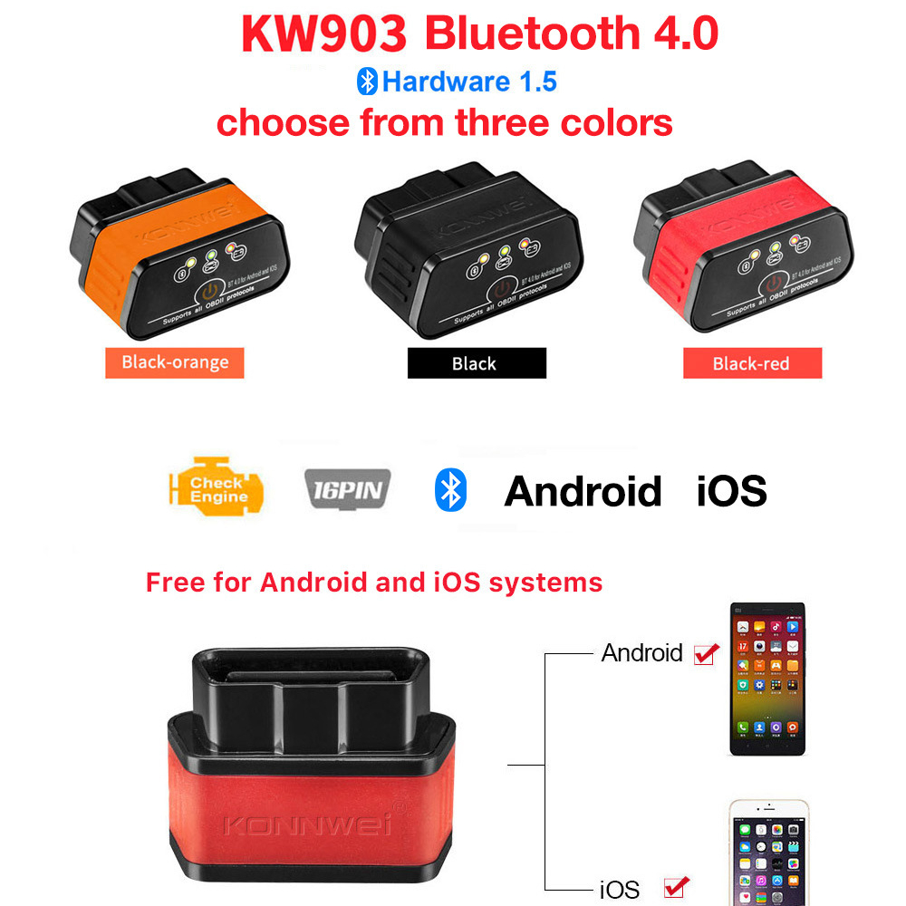KW903 Bluetooth 4.0 ELM327 OBD2 Support IOS/안드로이드 Dual Mode Car Fault Detection and Diagnosis Suitable for All 12V Vehicles